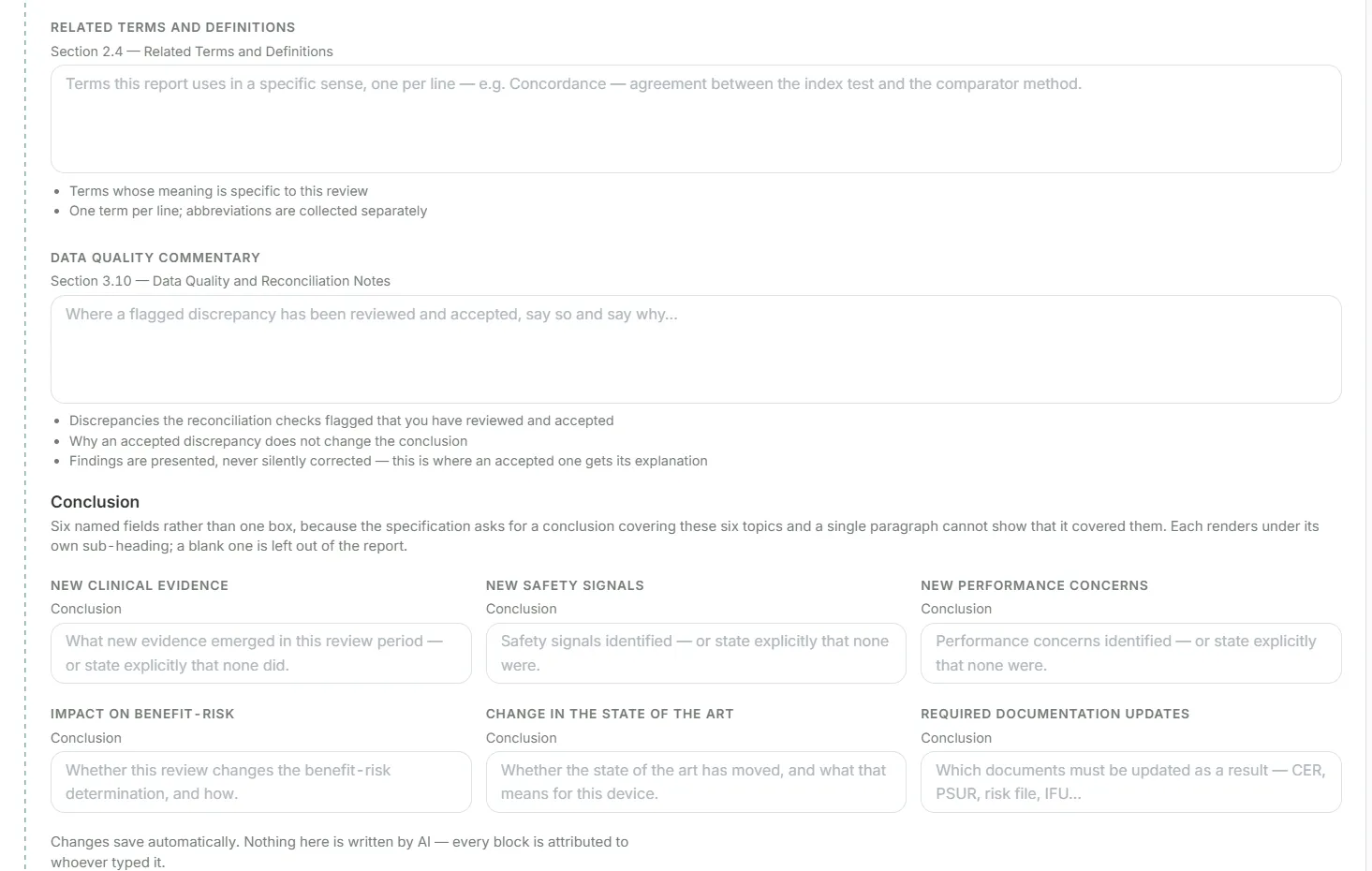 Literature Search report narrative with a conclusion field for each topic, written by the team