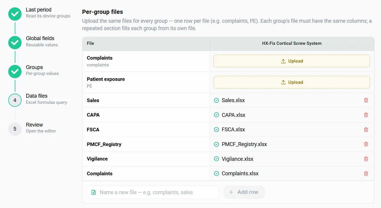 PSUR Wizard data files step listing the files needed for each device group