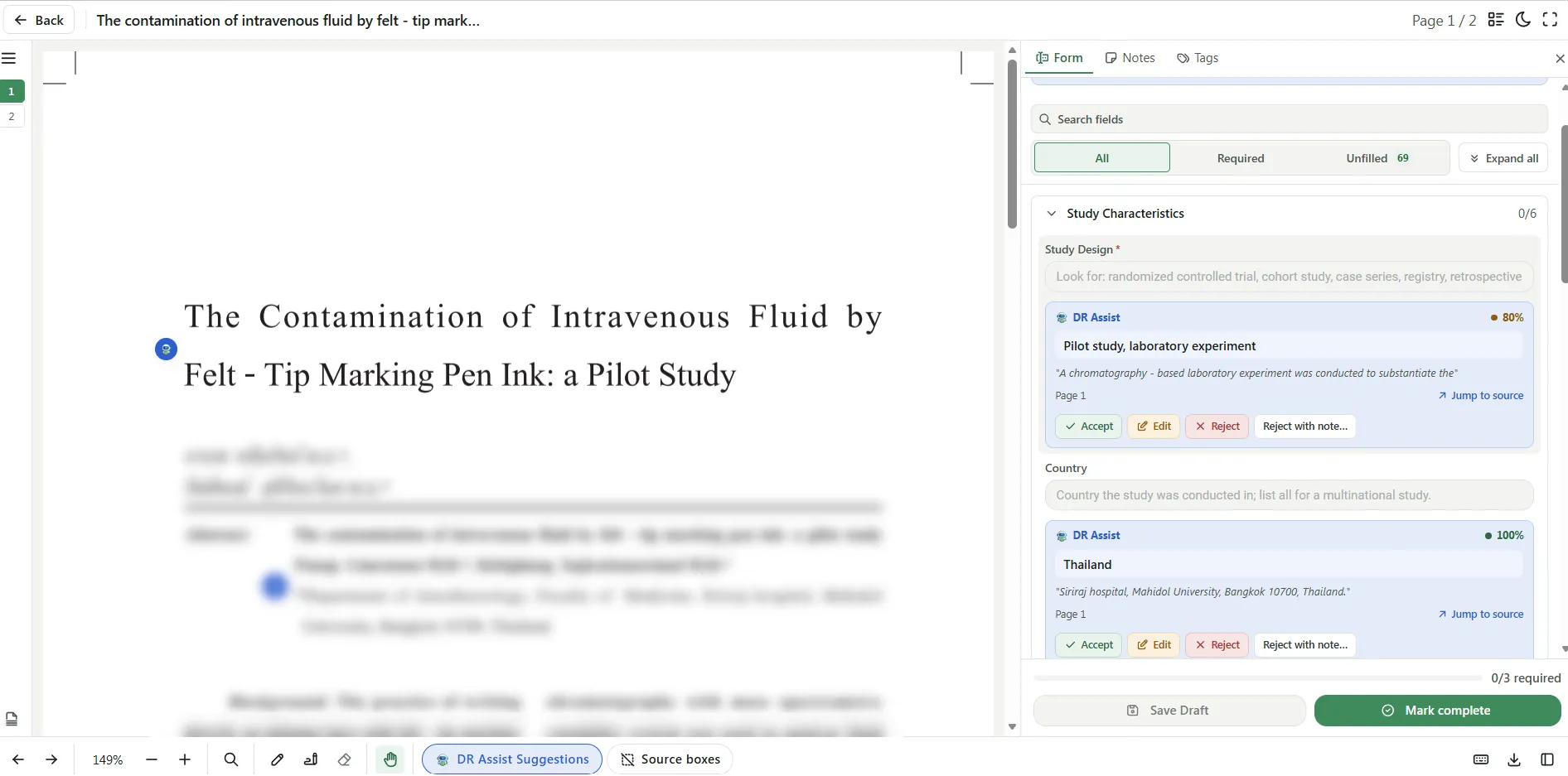 Literature Search extraction with the full-text PDF beside the form and a DR Assist suggestion quoting the source page