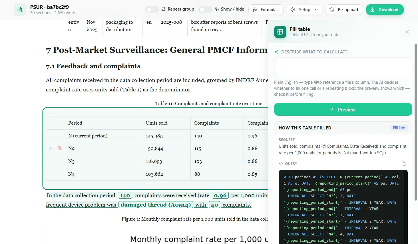 PSUR Wizard fill table panel with a plain-English request, a preview and the query behind the table