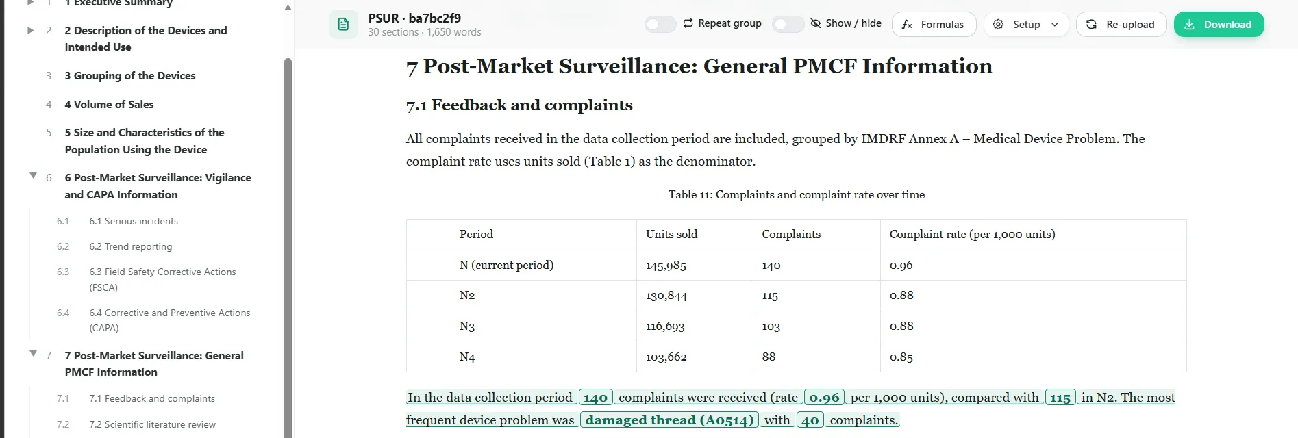 PSUR Wizard document editor showing a complaints table and a summary whose numbers, highlighted in green, are calculated from the data files