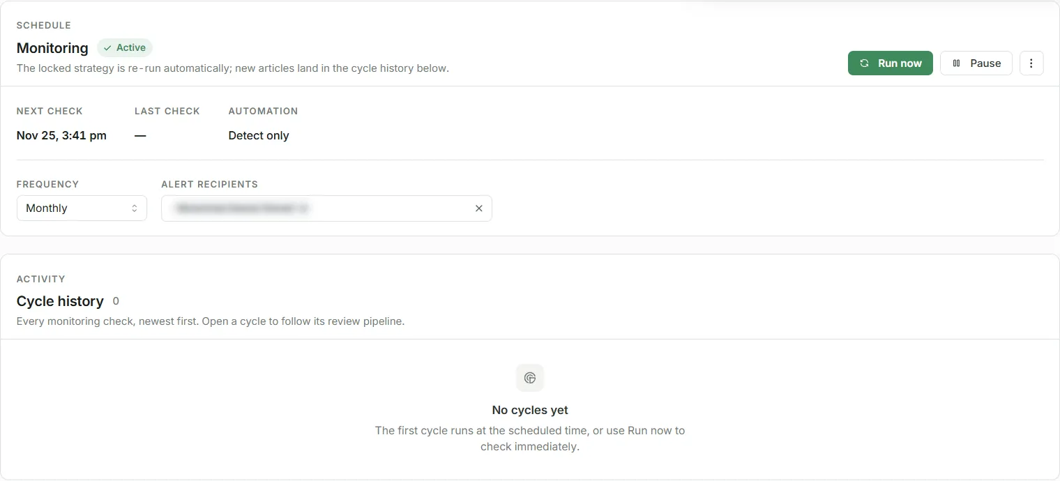 Literature Search monitoring schedule set to monthly, with the next check and cycle history