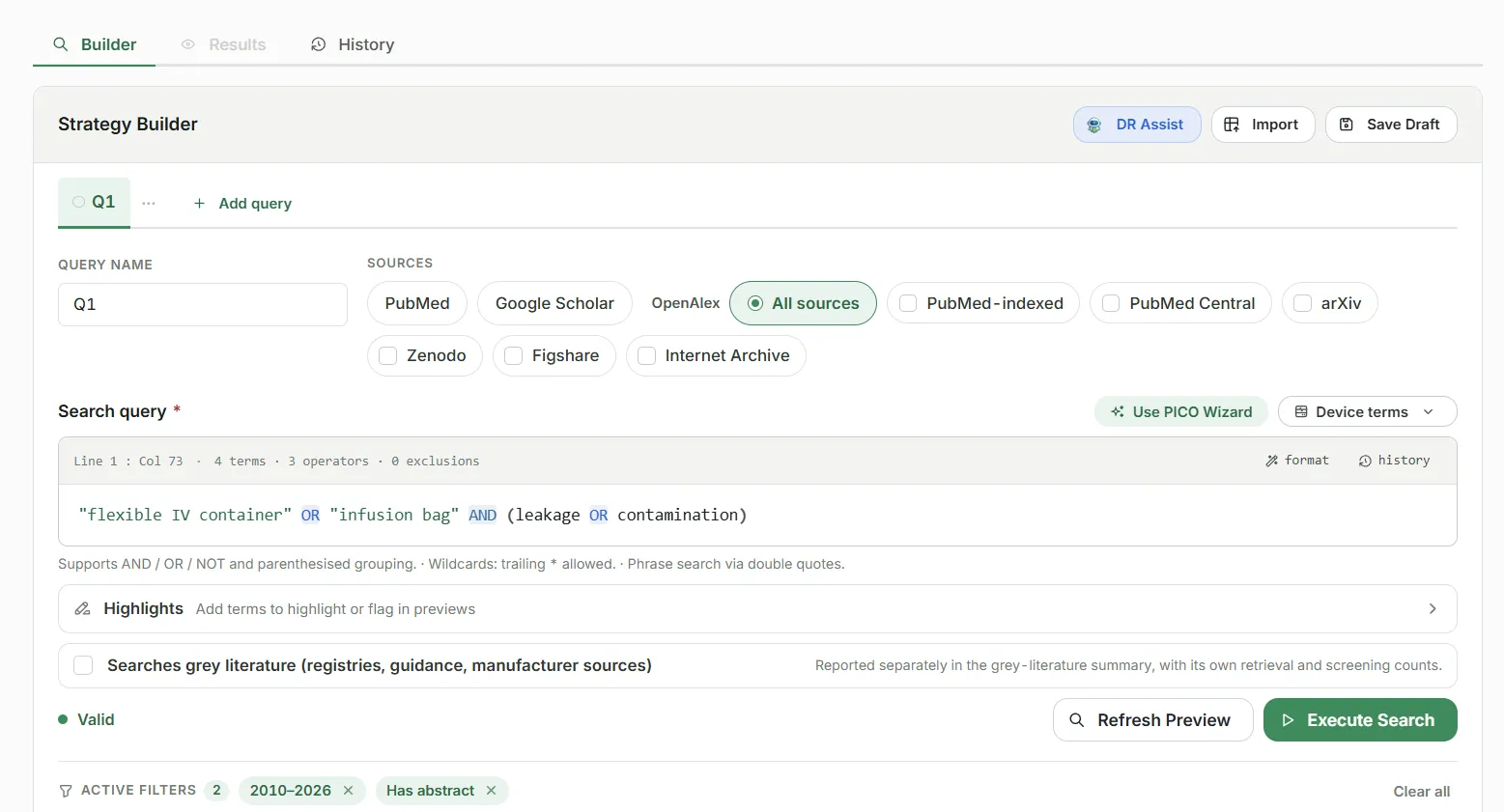 Literature Search strategy builder with a Boolean query, the sources to search, filters and a valid check