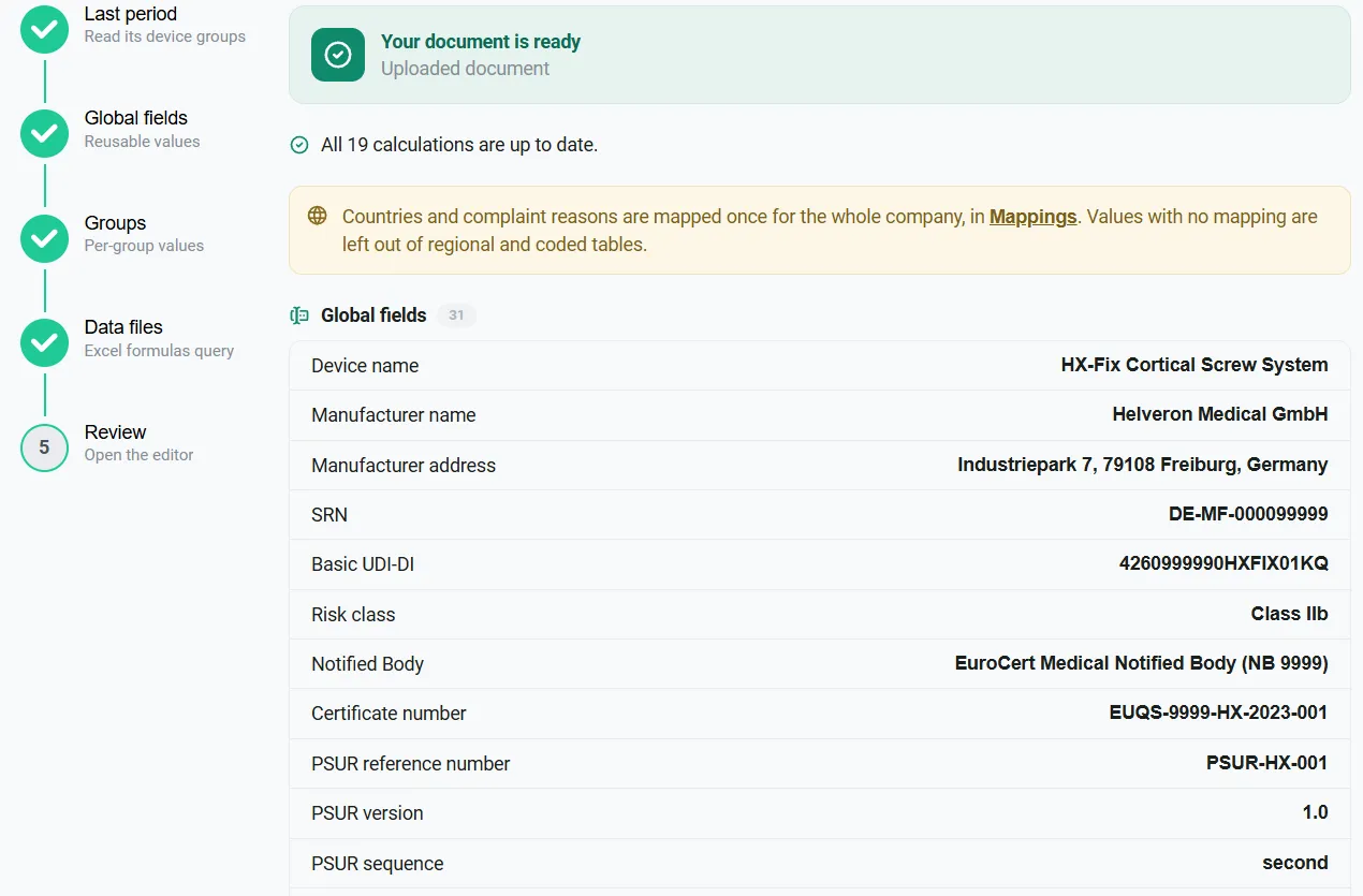PSUR Wizard review step confirming that all calculations are up to date, with the report details