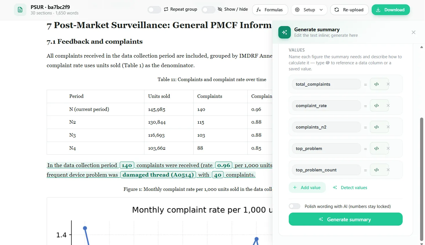 PSUR Wizard summary panel with named values calculated from the data and an option to polish the wording with AI