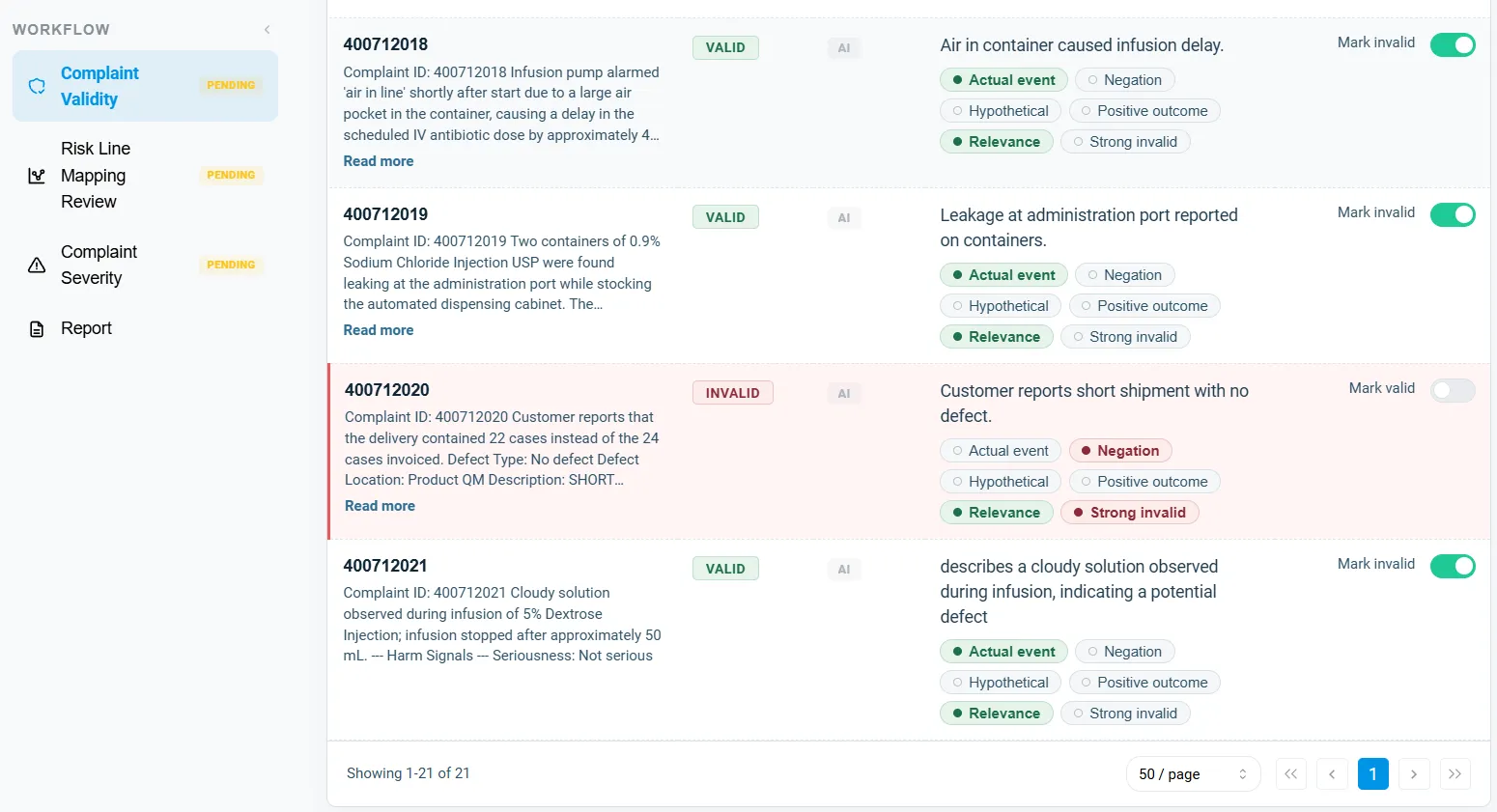 IntelliRisk IQ complaint validity review where a short-shipment report with no defect is marked invalid